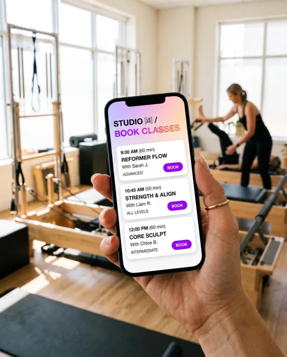 A member browsing a studio's branded app class schedule
