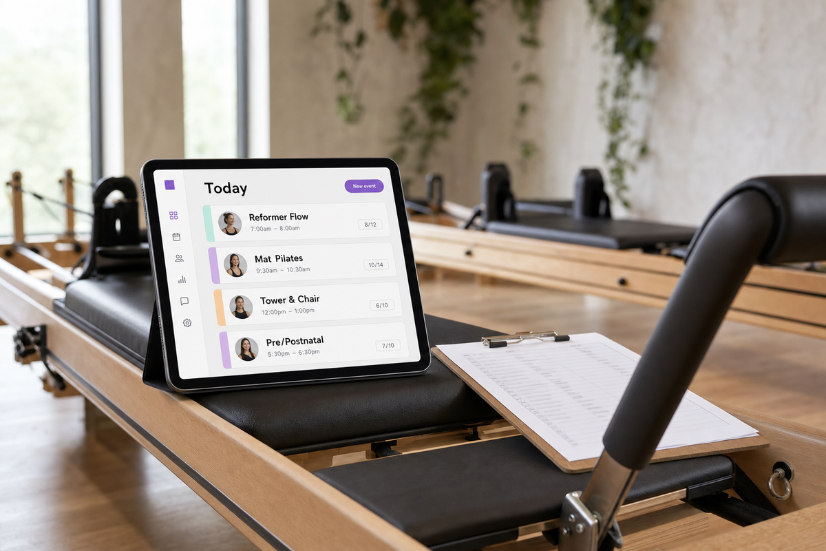 Three-quarter low-angle view of an iPad propped on a wooden reformer carriage showing the Vibefam schedule (Reformer Flow, Mat Pilates, Tower & Chair, Pre/Postnatal), with a clipboard roster on the reformer's footbar.