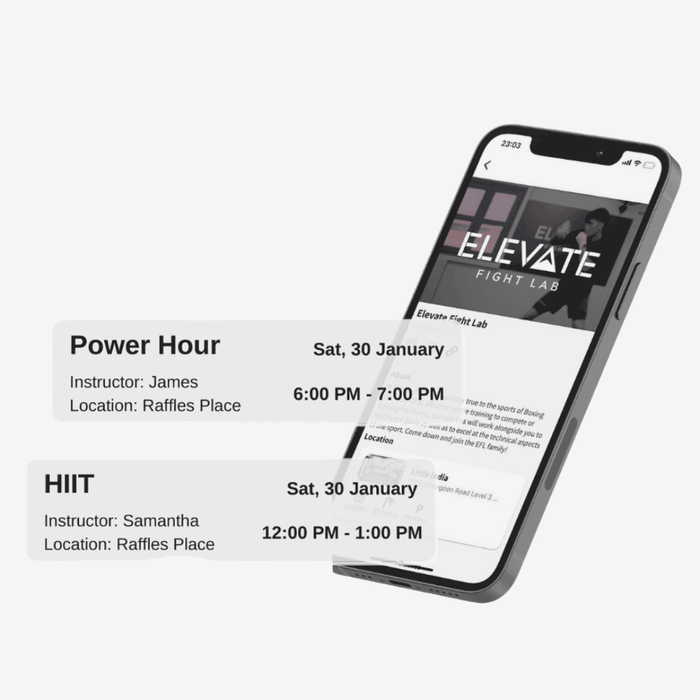 Boutique studio member using a fully branded studio mobile app on iPhone and Android — studio name, logo, and color scheme front and center, with a class booking flow visible.