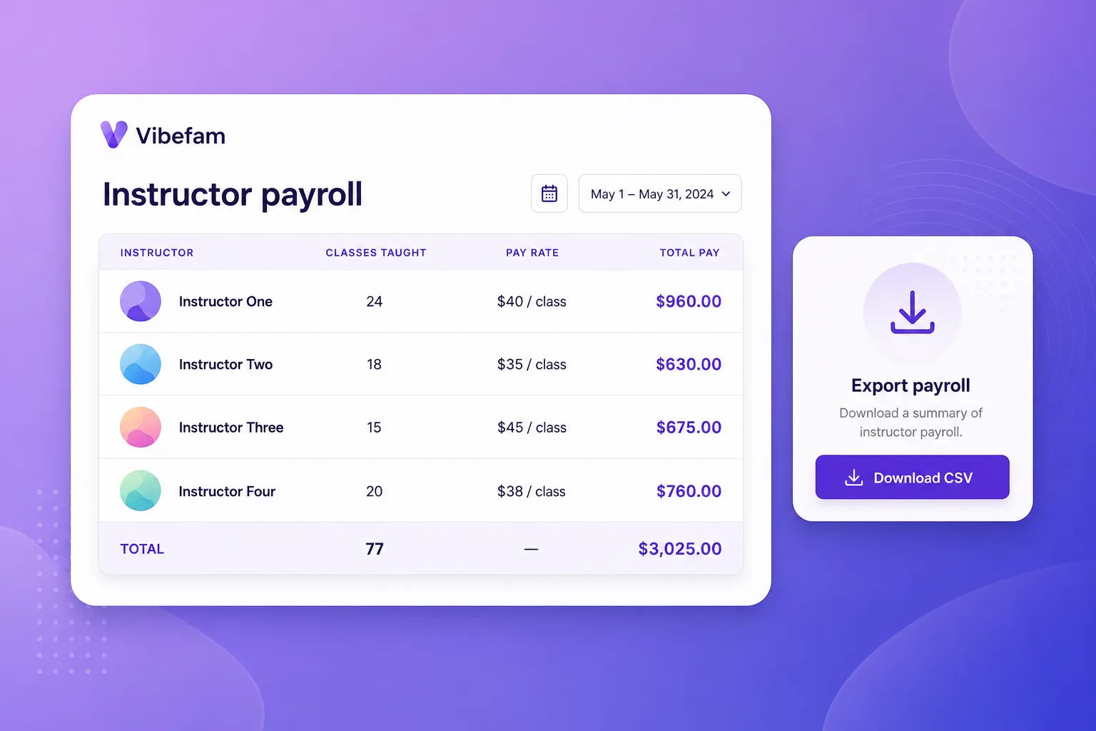 Instructor payroll automation across pay models.