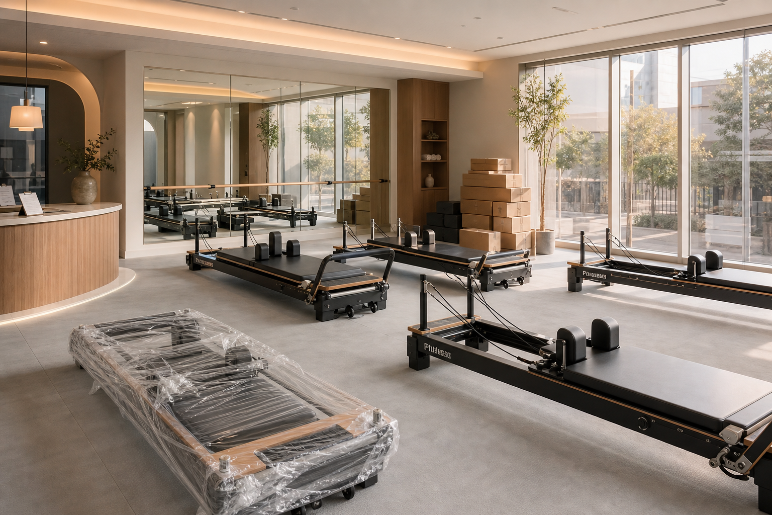 Empty boutique Pilates studio interior with eight Reformer machines arranged on a wooden floor, soft natural light from floor-to-ceiling windows, sage-green wall and brand signage, no people present