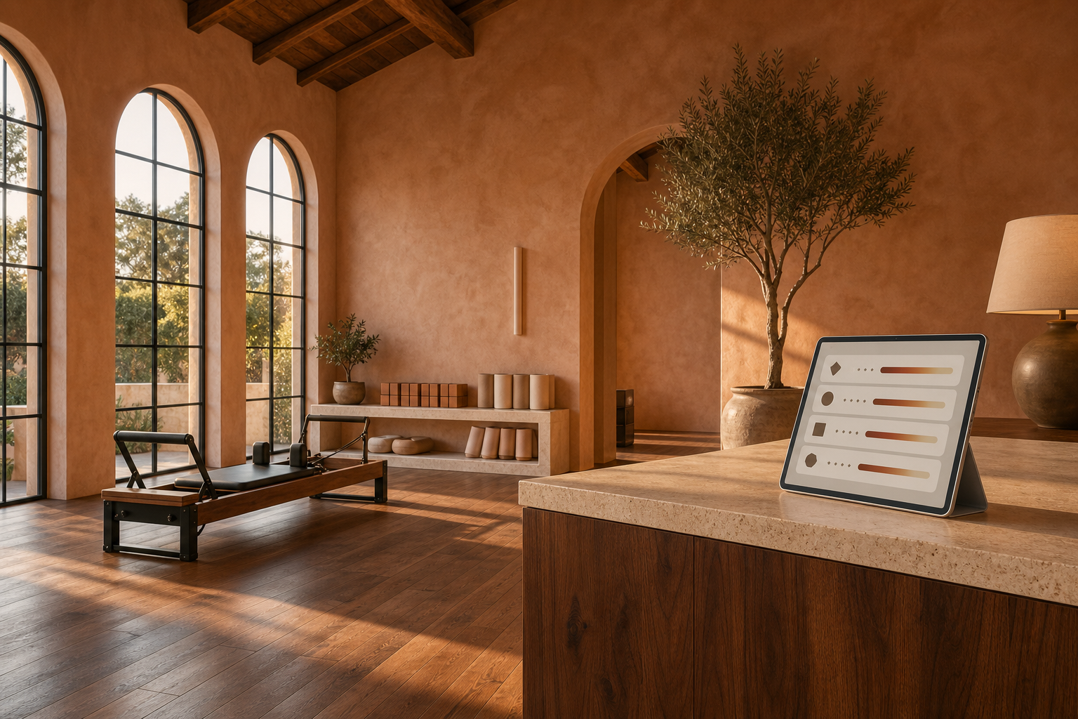 Photorealistic Mediterranean-modern boutique studio interior at golden hour with warm terracotta tones, polished wood floors, a row of mats and a Reformer Pilates bed in the background, and a reception counter with a tablet showing an abstract product-scorecard interface. Warm afternoon light. No people present.