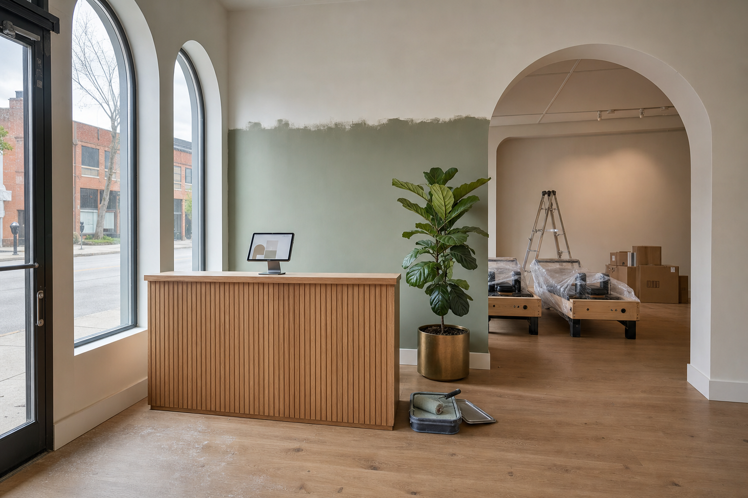 Modern boutique Pilates studio reception with tablet showing a clean dashboard interface, natural overcast light, no humans