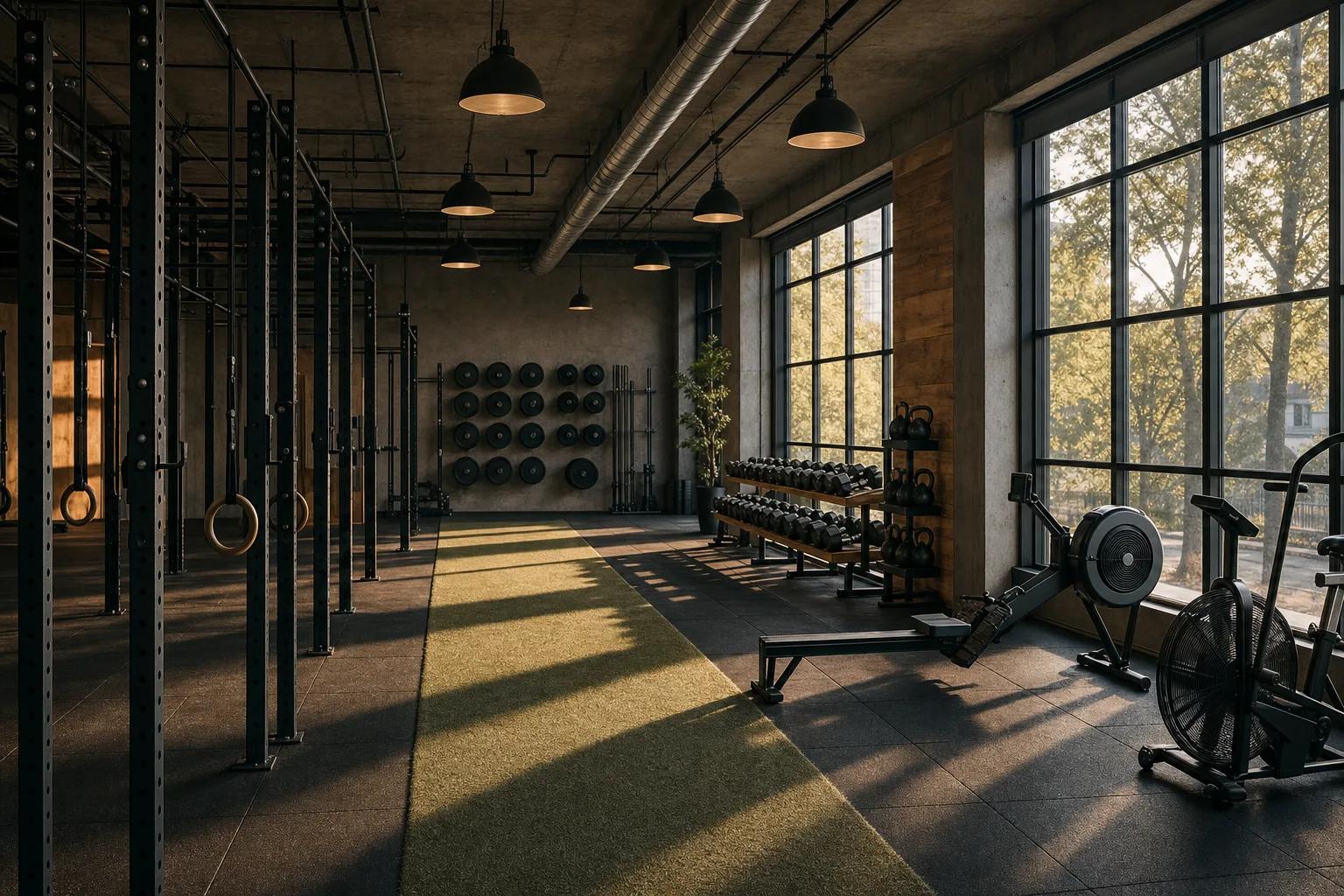 Boutique HIIT and functional-strength gym interior with matte black rig, dumbbell rack, kettlebells, rower, and assault bike bathed in late-afternoon light through industrial windows.