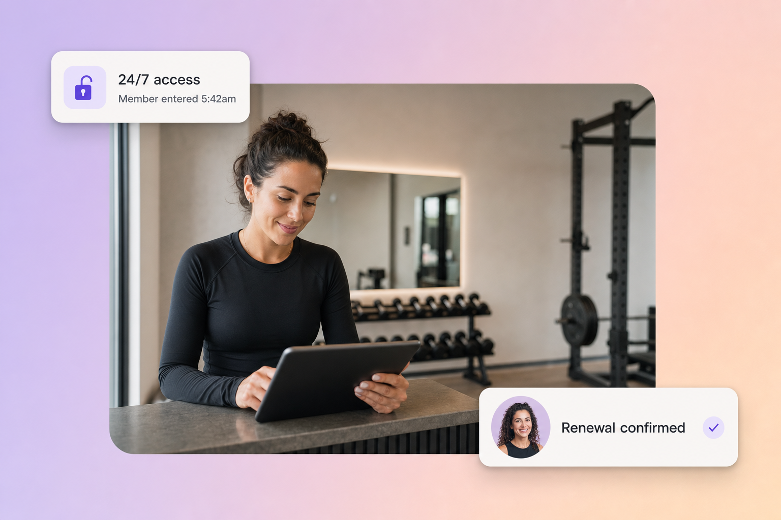 Boutique gym owner at a modern front desk with floating 24/7 access and renewal confirmation UI cards
