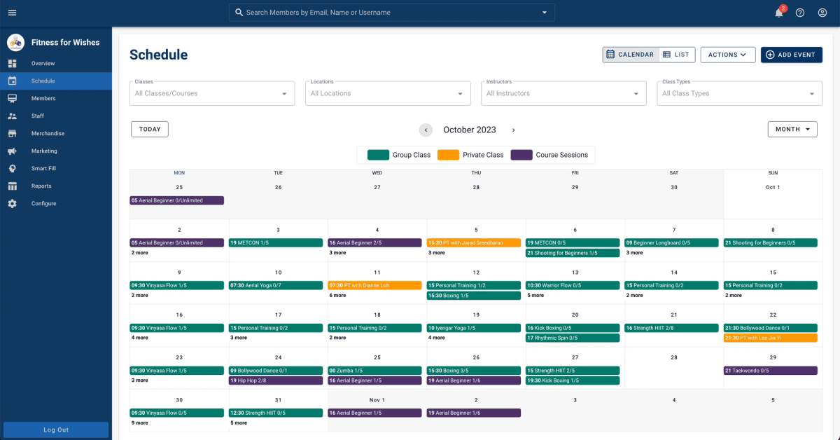 Vibefam fitness studio management dashboard