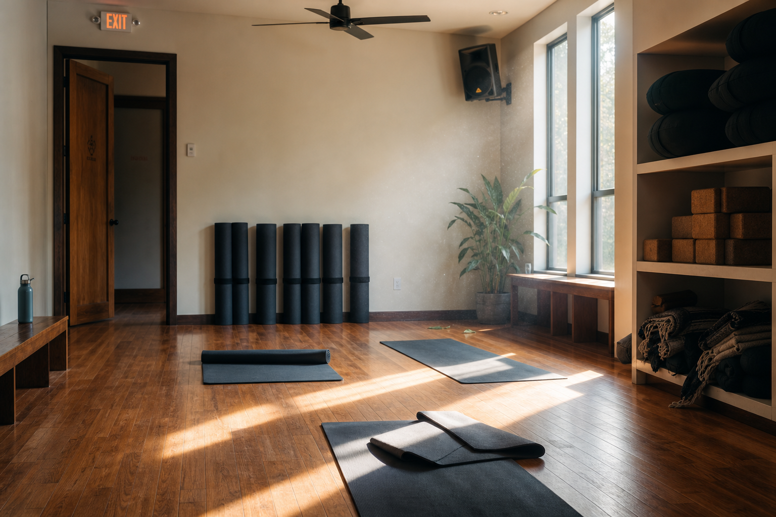 Boutique yoga studio with warm wood floors, rolled mats, bolsters and blocks in morning light