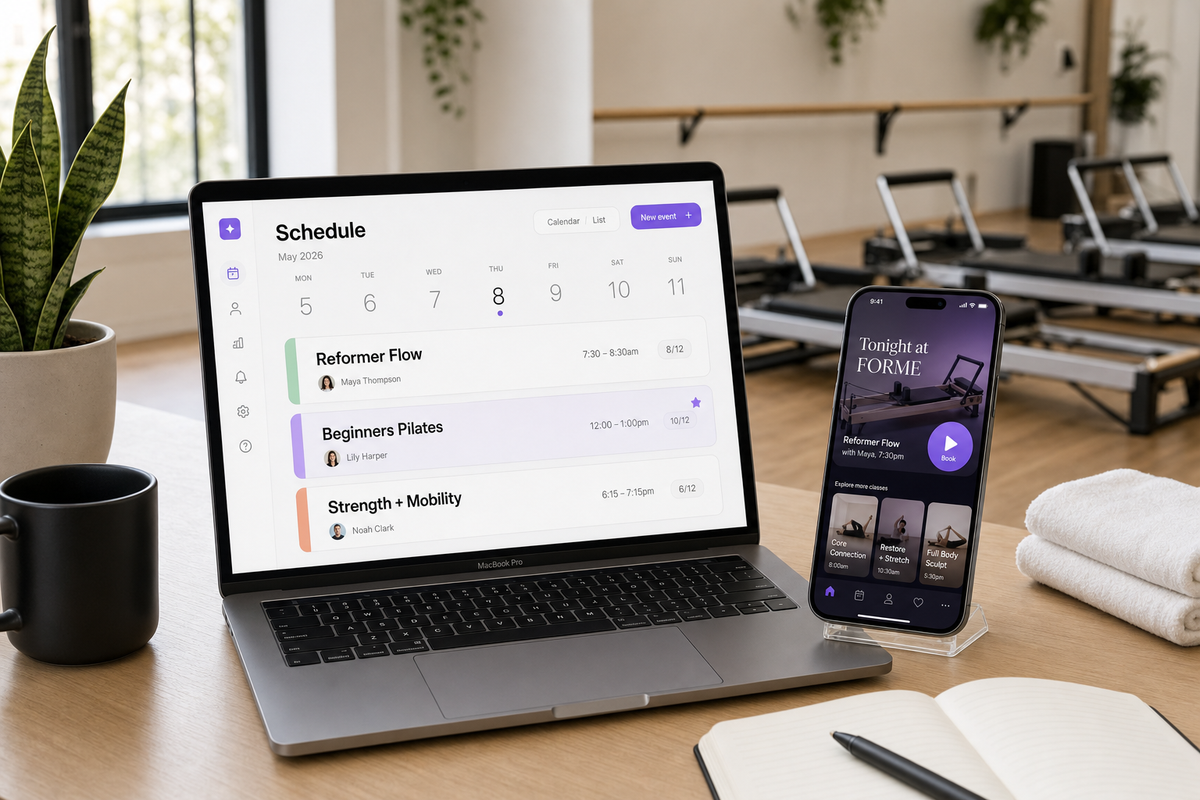 Vibefam studio management platform shown on a MacBook displaying a clean schedule dashboard, alongside the branded member app on an iPhone, on a boutique pilates studio reception desk.