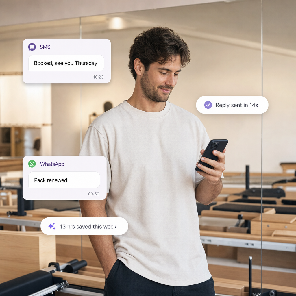 Boutique studio owner glancing at a phone with floating SMS and WhatsApp chat cards from the Vibe AI Customer Support Agent and a pill reading 13 hours saved this week