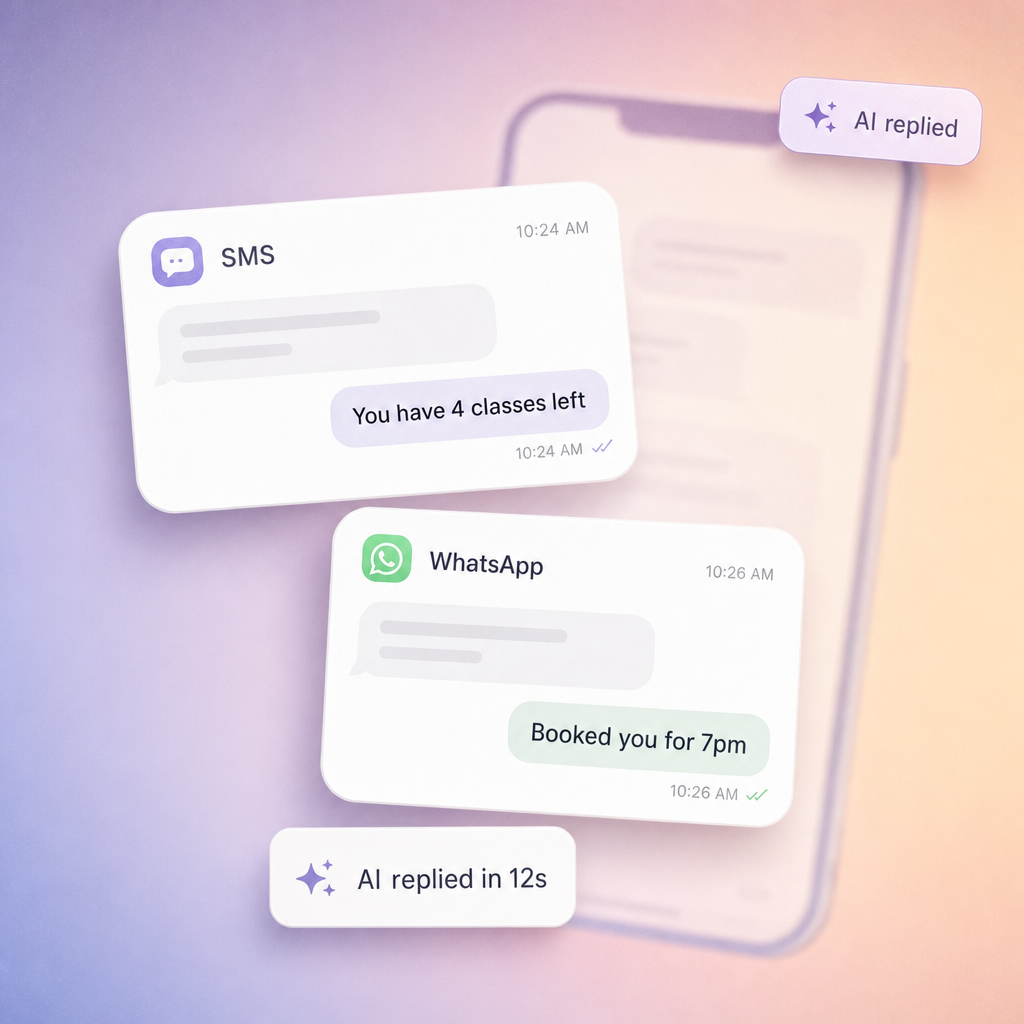 Floating SMS and WhatsApp chat cards with a stat pill reading AI replied in 12s on a soft gradient backdrop