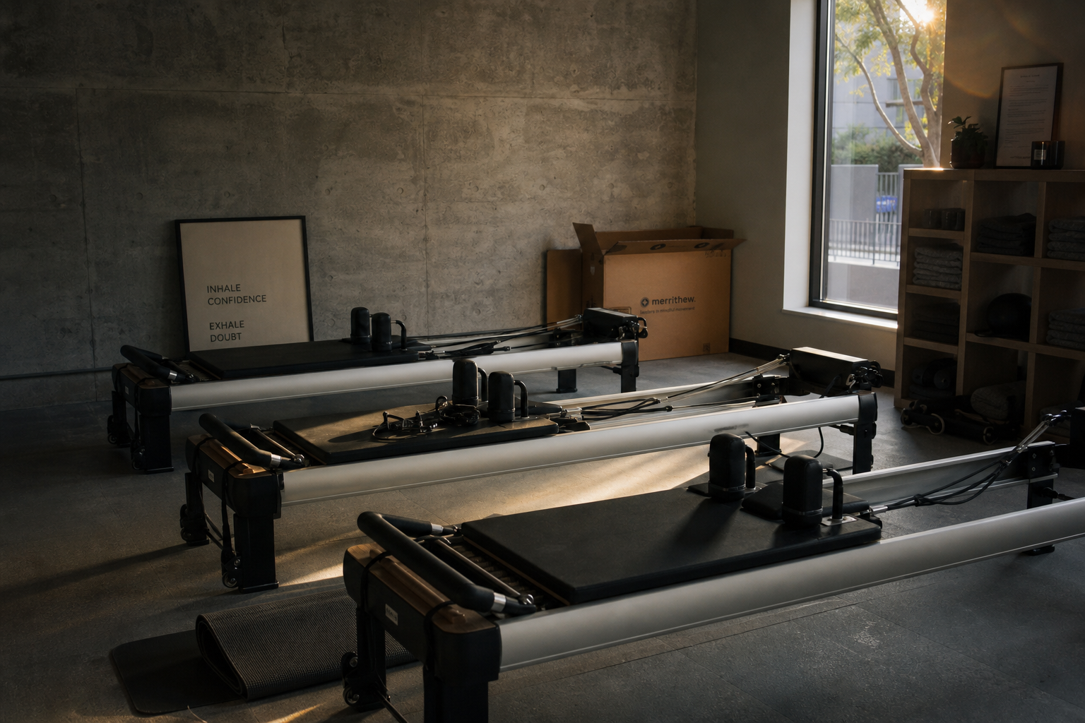 Boutique Pilates studio interior with three reformer beds in natural late-afternoon light, set up for a class