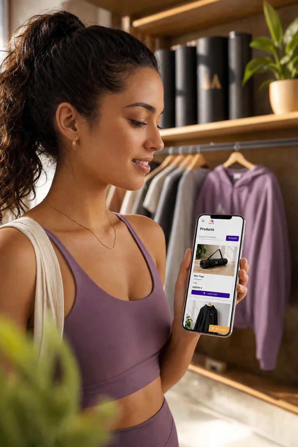 A studio storefront inside the branded Vibefam member app showing merchandise available to buy