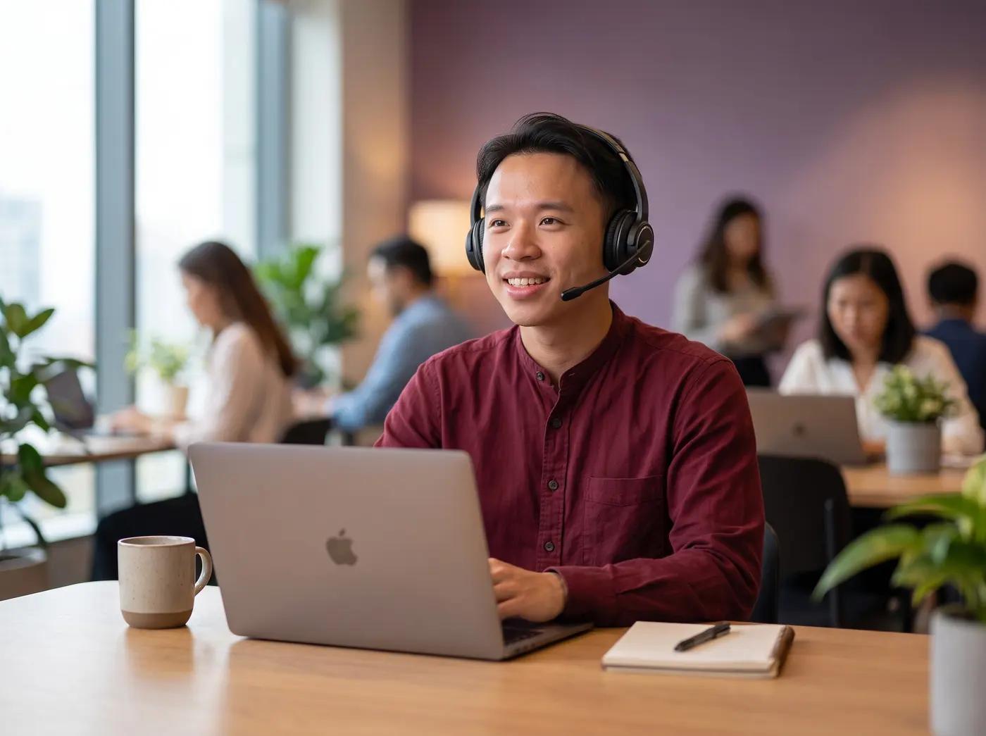 A Vibefam Studio Success Manager on a headset answering a studio owner's support chat in minutes, not days
