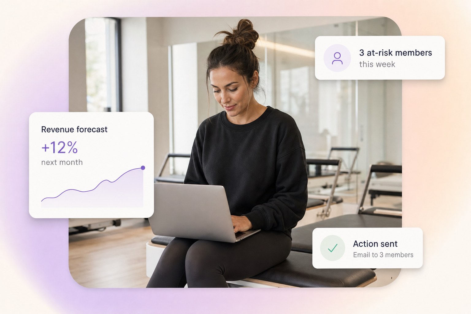 Boutique Pilates studio owner reviewing a predictive analytics dashboard with floating at-risk member and revenue forecast cards