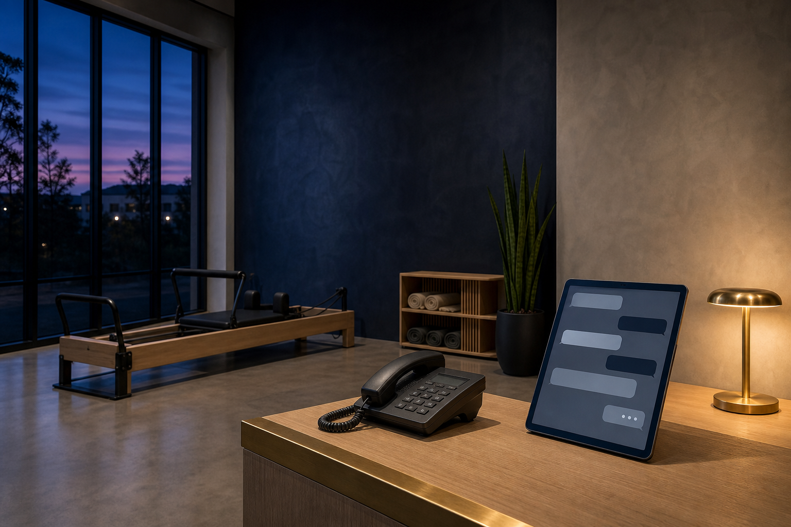 Photorealistic boutique fitness studio reception at twilight, with dove-grey textured walls, midnight-blue accent panels behind a clean reception desk, soft warm under-shelf lighting catching a brushed-brass key tray, a tablet resting on the counter showing an abstract paused chat-support interface with a soft pulsing indicator dot, polished concrete floor reflecting end-of-day quiet, dusk light falling through tall sash windows behind. No people present. End-of-day, after-hours, modern AI-native aesthetic.