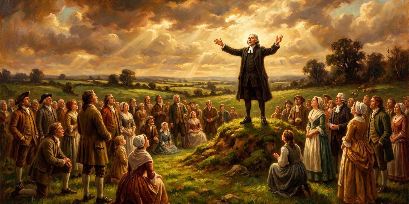 A preacher on a raised rock preaching to the masses