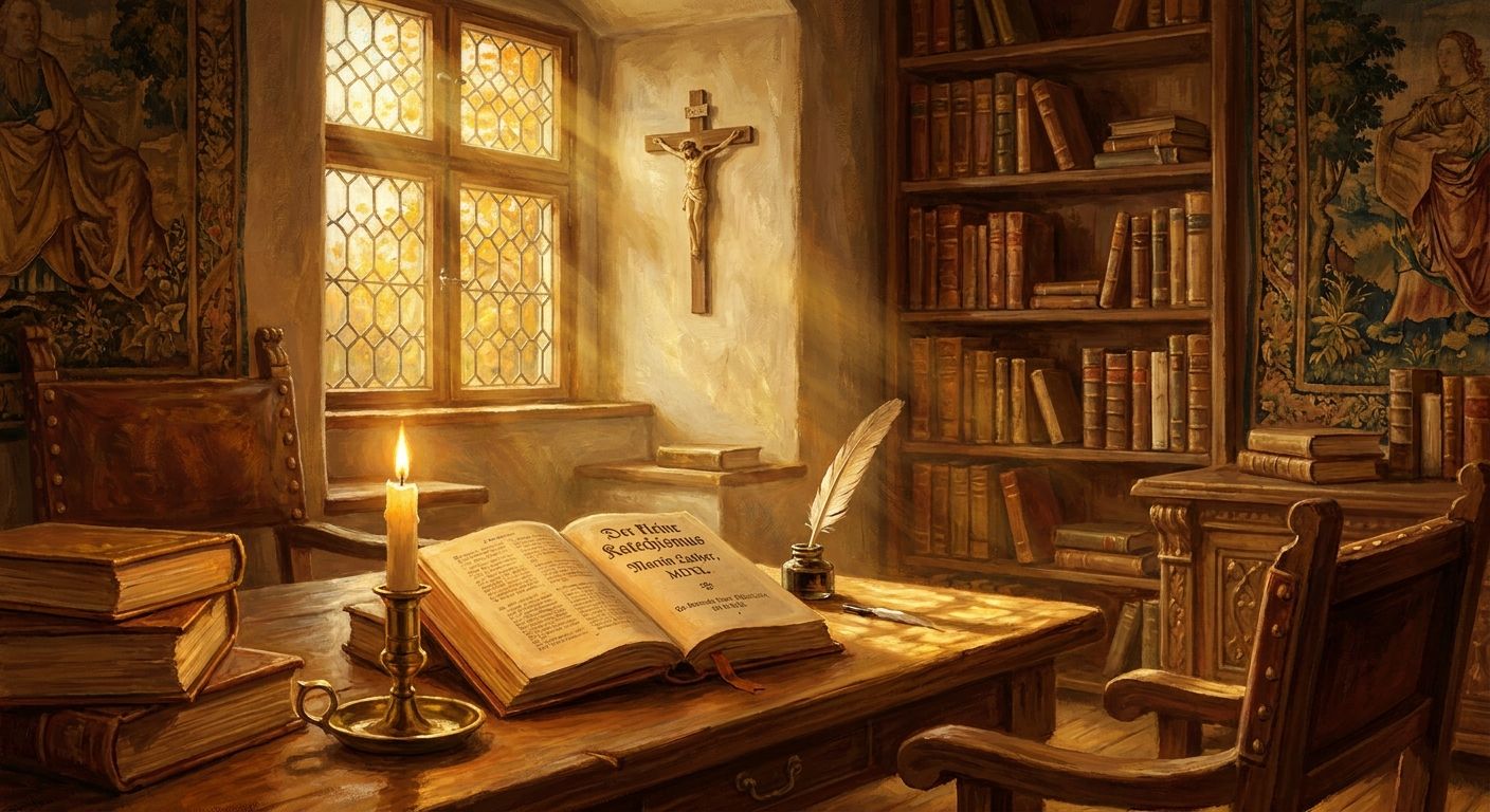 A warm, sunlit study with an open book, lit candle, and quill on a wooden desk, surrounded by bookshelves and a crucifix.