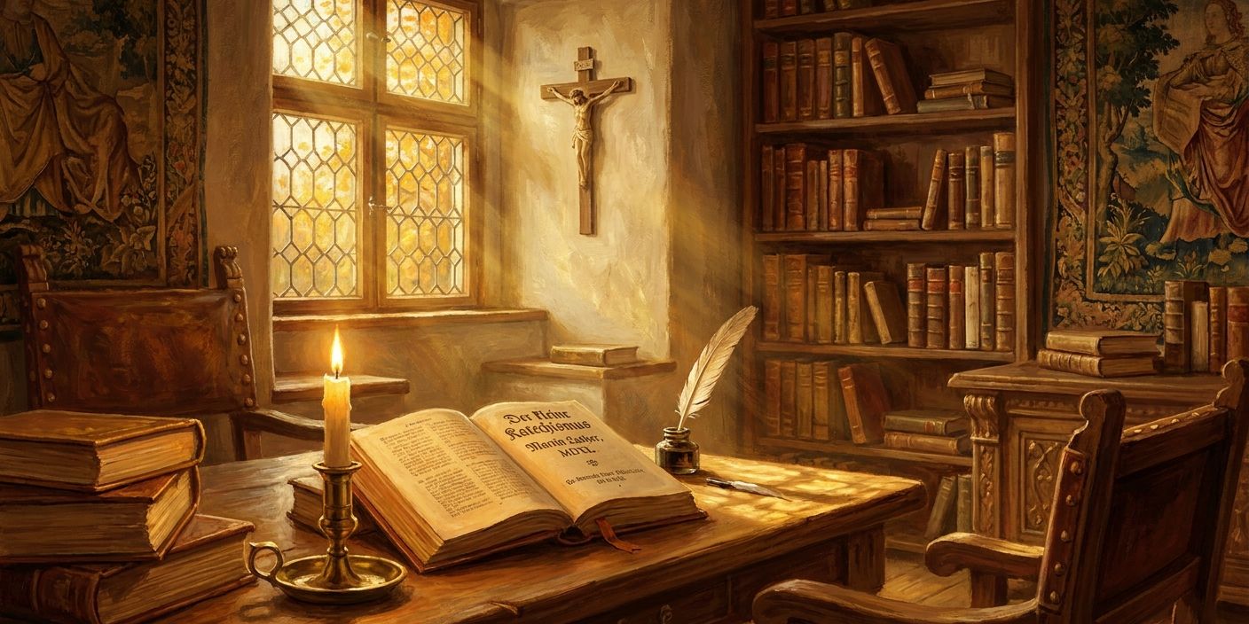A warm, sunlit study with an open book, lit candle, and quill on a wooden desk, surrounded by bookshelves and a crucifix.