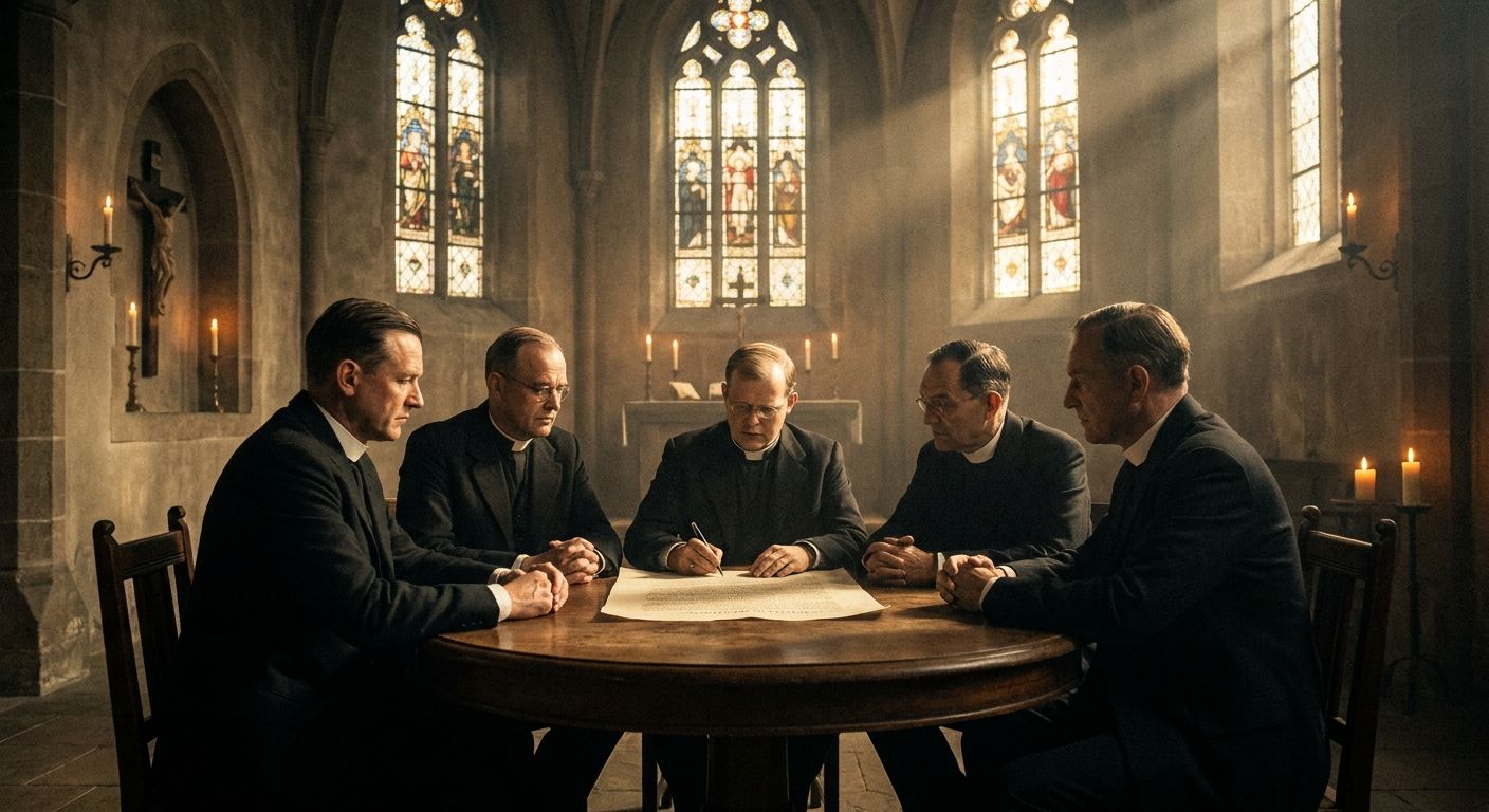 5 men around a table discussing a document, rays of light coming through stain glass windows