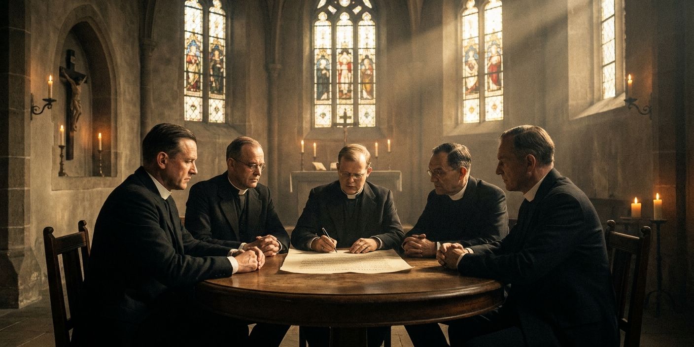 5 men around a table discussing a document, rays of light coming through stain glass windows