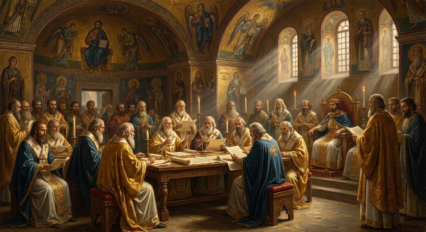 A historical painting of a council of robed, bearded men, with one figure seated on a throne, in a hall with religious murals.