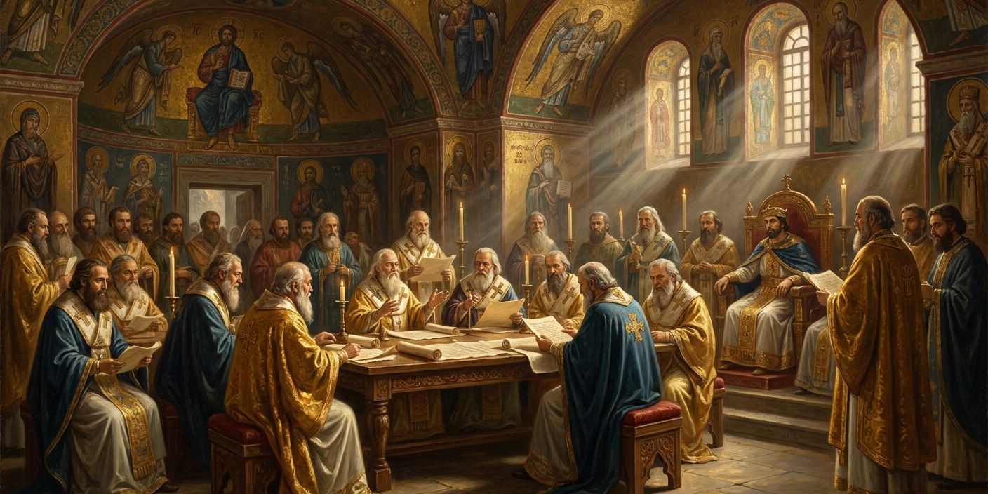 A historical painting of a council of robed, bearded men, with one figure seated on a throne, in a hall with religious murals.