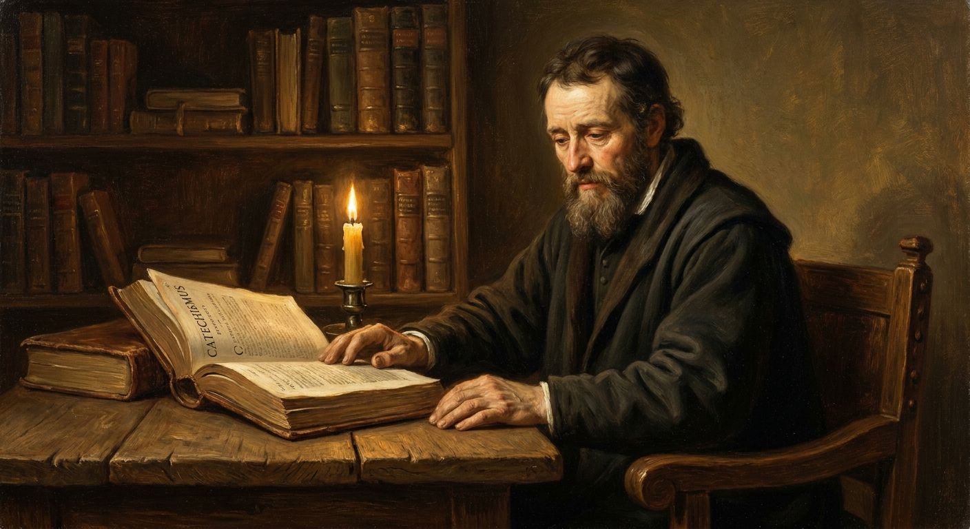 A warm, sunlit study with an open book, lit candle, and quill on a wooden desk, surrounded by bookshelves and a crucifix.