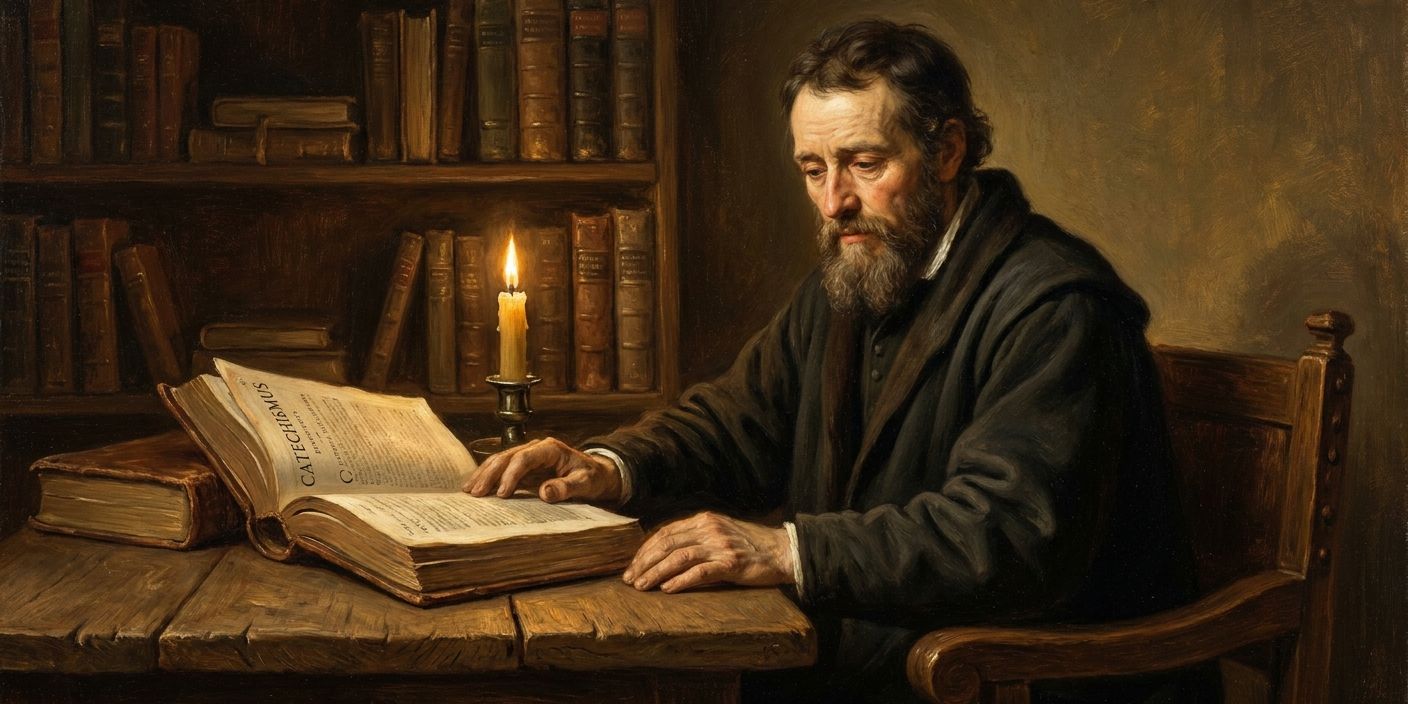A warm, sunlit study with an open book, lit candle, and quill on a wooden desk, surrounded by bookshelves and a crucifix.