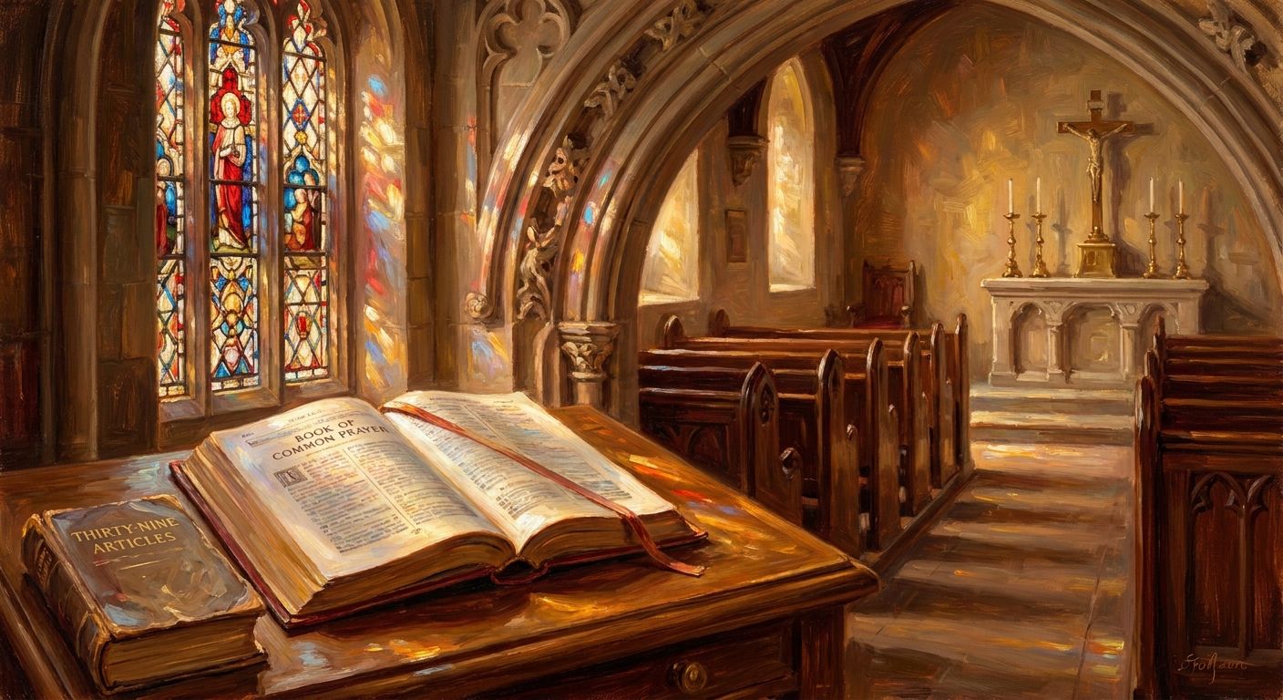 An open Bible on a wooden lectern inside a church, with stained glass windows casting colorful light and a candlelit altar.