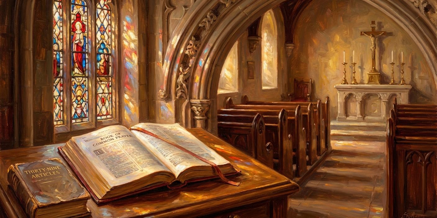 An open Bible on a wooden lectern inside a church, with stained glass windows casting colorful light and a candlelit altar.