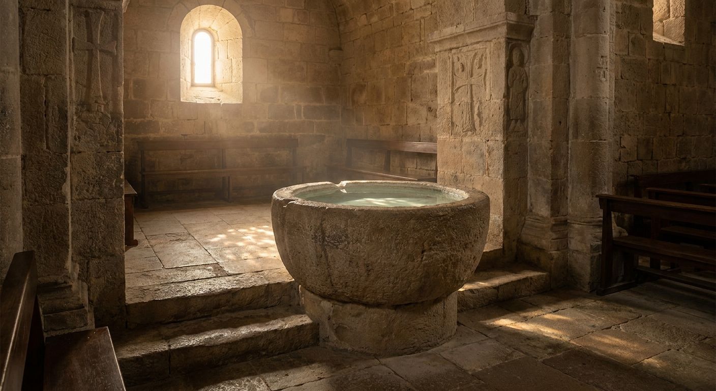 A baptismal font in a stone church with sunlight filtering through, representing the Apostles' Creed spoken at the water of baptism