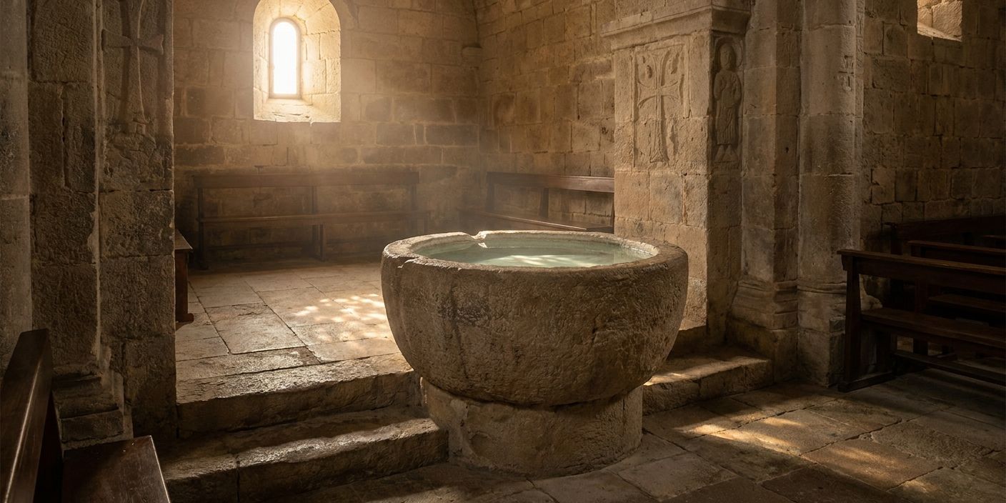 A baptismal font in a stone church with sunlight filtering through, representing the Apostles' Creed spoken at the water of baptism