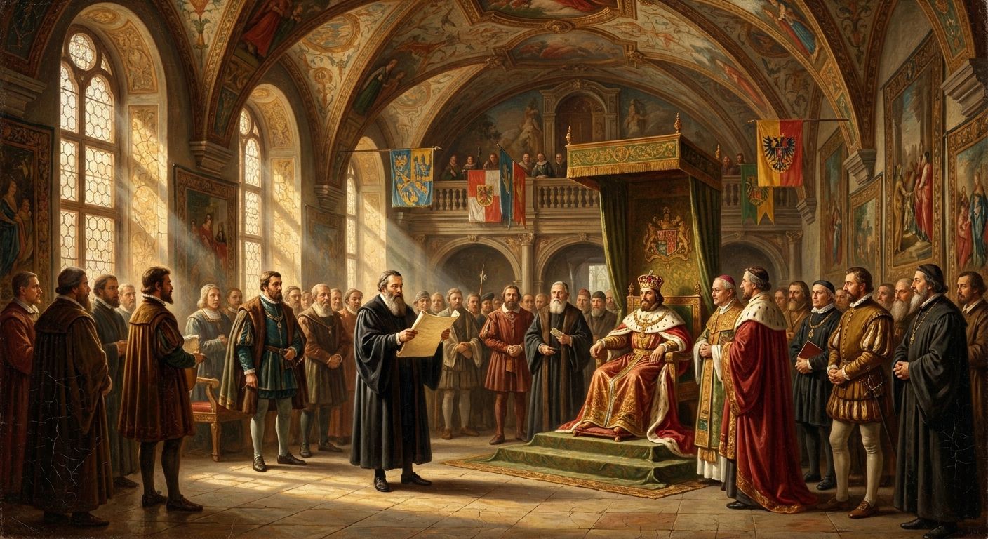 A historical painting depicts a man in black robes reading a document to a king on a throne and an assembled court in a grand hall.