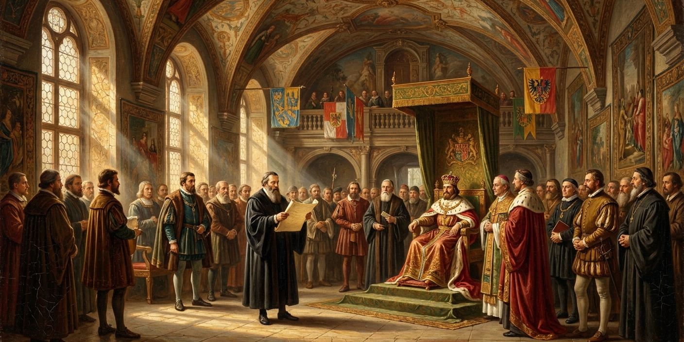 A historical painting depicts a man in black robes reading a document to a king on a throne and an assembled court in a grand hall.