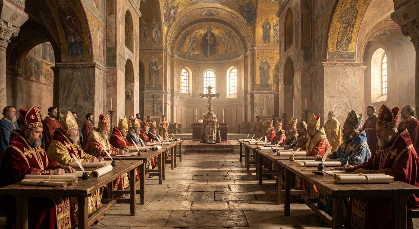 The Council of Nicaea with bishops assembled in a great hall with parchment scrolls and Byzantine architecture