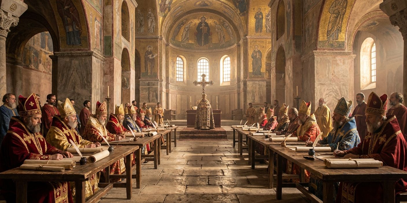 The Council of Nicaea with bishops assembled in a great hall with parchment scrolls and Byzantine architecture