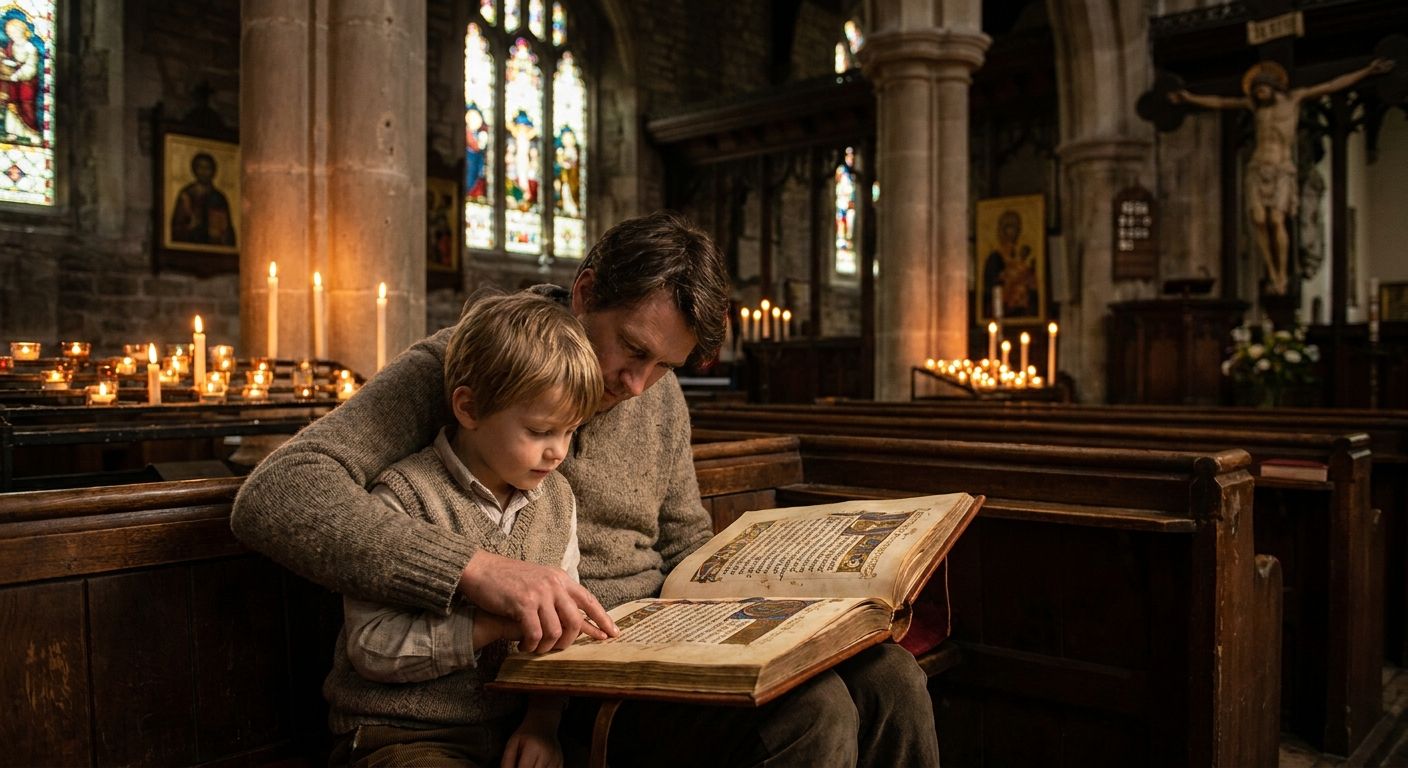 Parent and child reading an illuminated creed together in a warm candlelit church interior