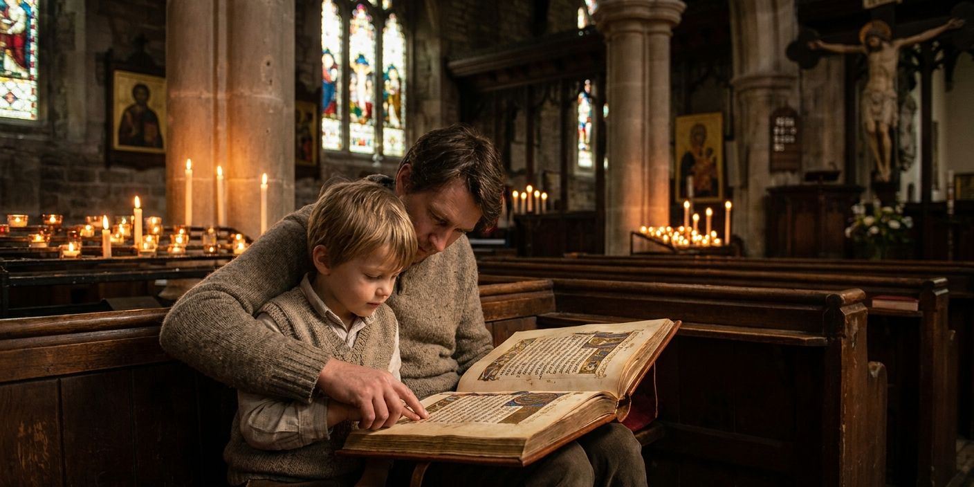 Parent and child reading an illuminated creed together in a warm candlelit church interior