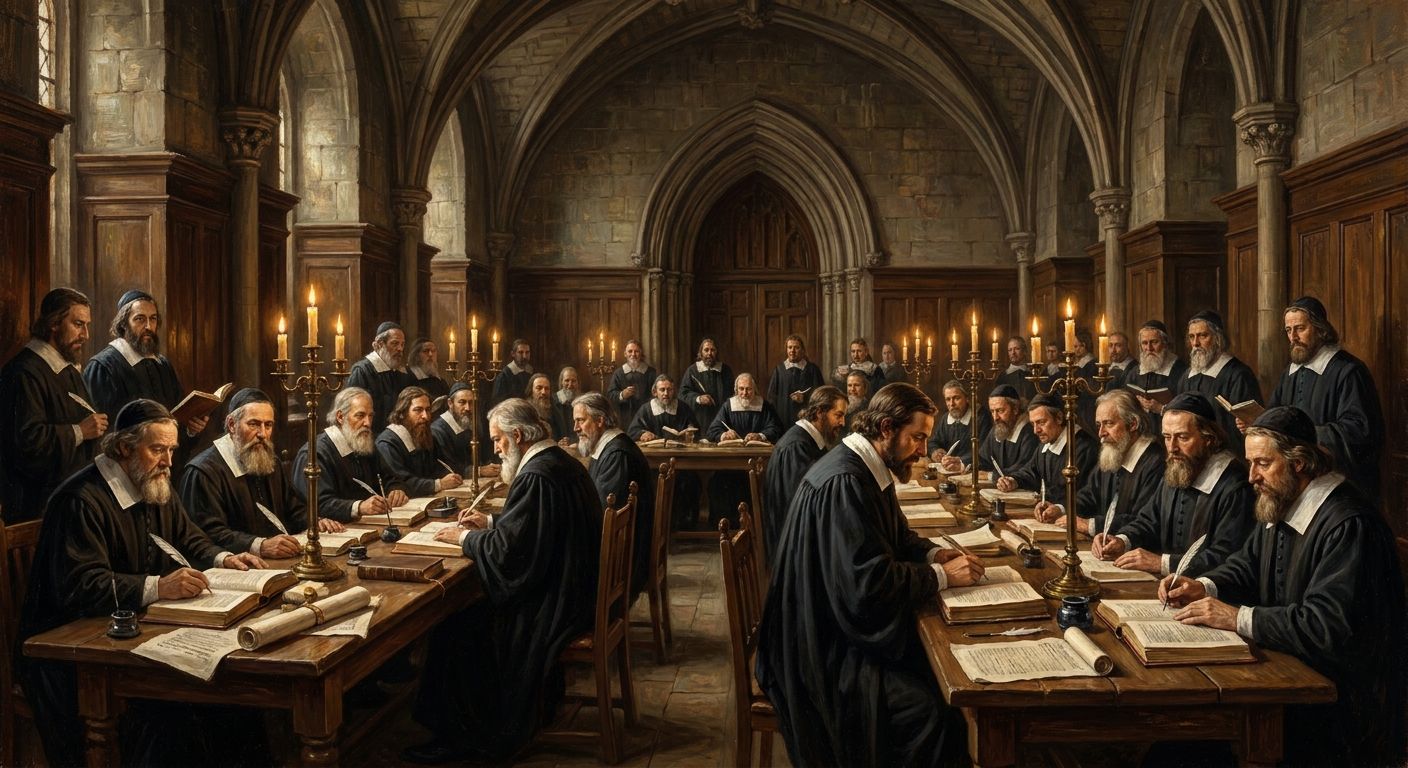 Numerous scholars in dark robes study and write by candlelight in a grand vaulted hall.