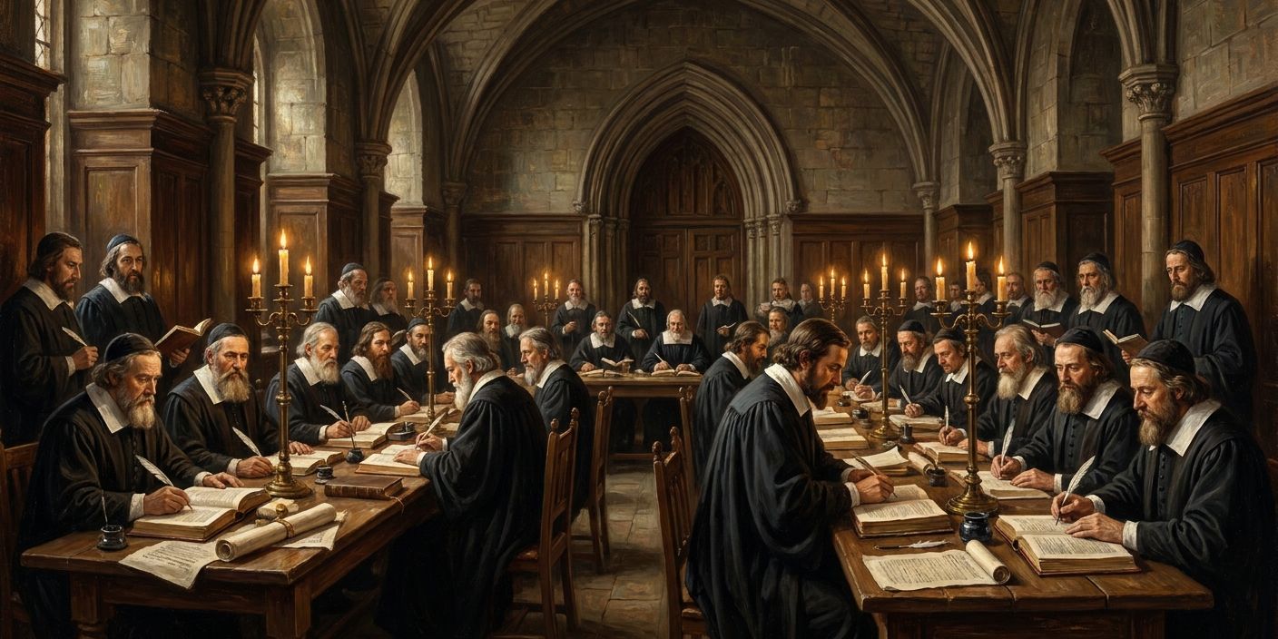 Numerous scholars in dark robes study and write by candlelight in a grand vaulted hall.