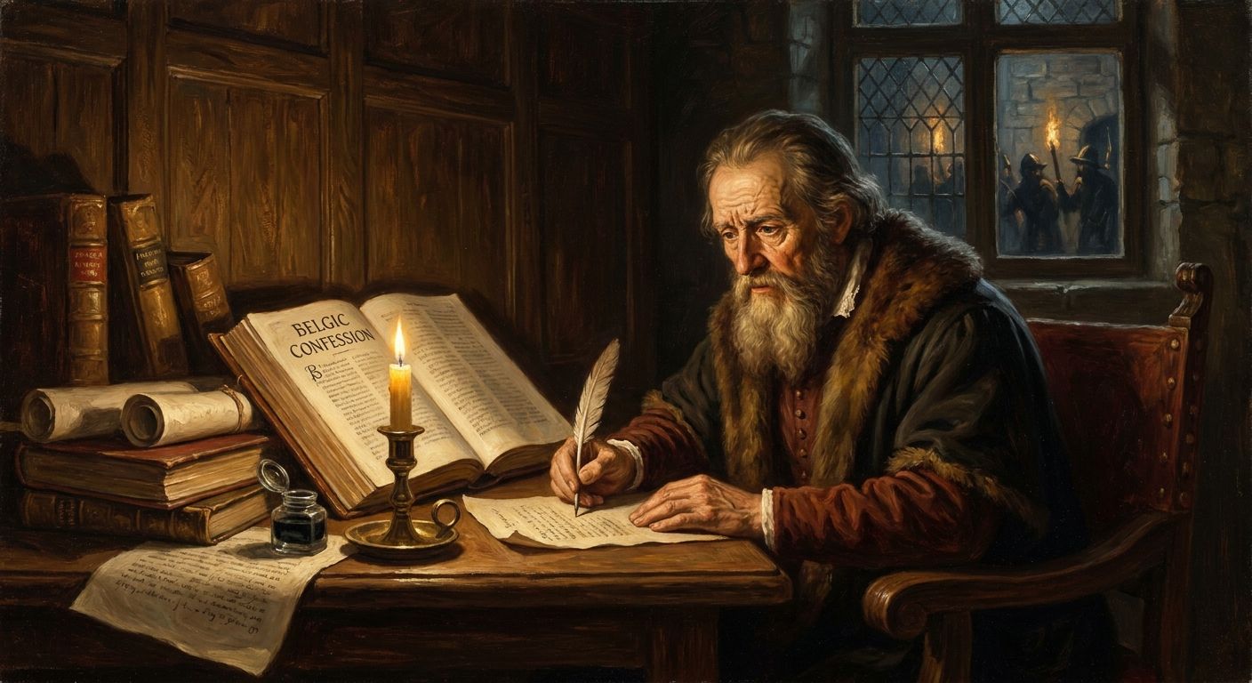 A bearded man writes by candlelight in a stone room with shackles, overlooking a moonlit city.