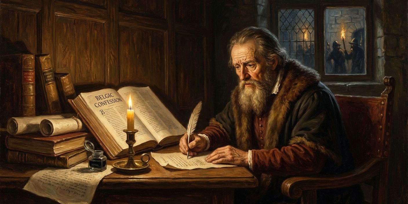 A bearded man writes by candlelight in a stone room with shackles, overlooking a moonlit city.