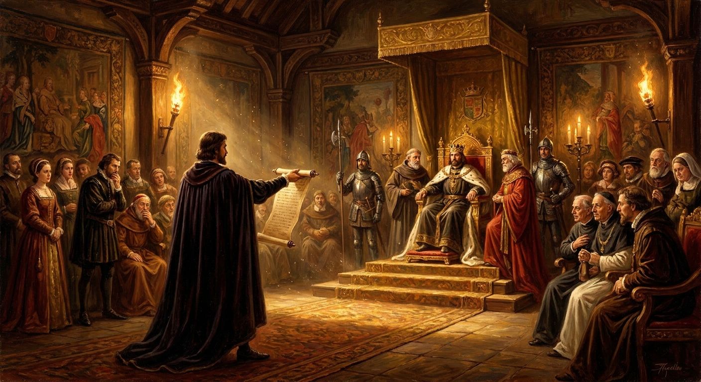 A historical painting depicts a man in black robes reading a document to a king on a throne and an assembled court in a grand hall.