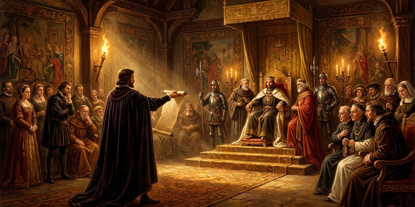 A historical painting depicts a man in black robes reading a document to a king on a throne and an assembled court in a grand hall.