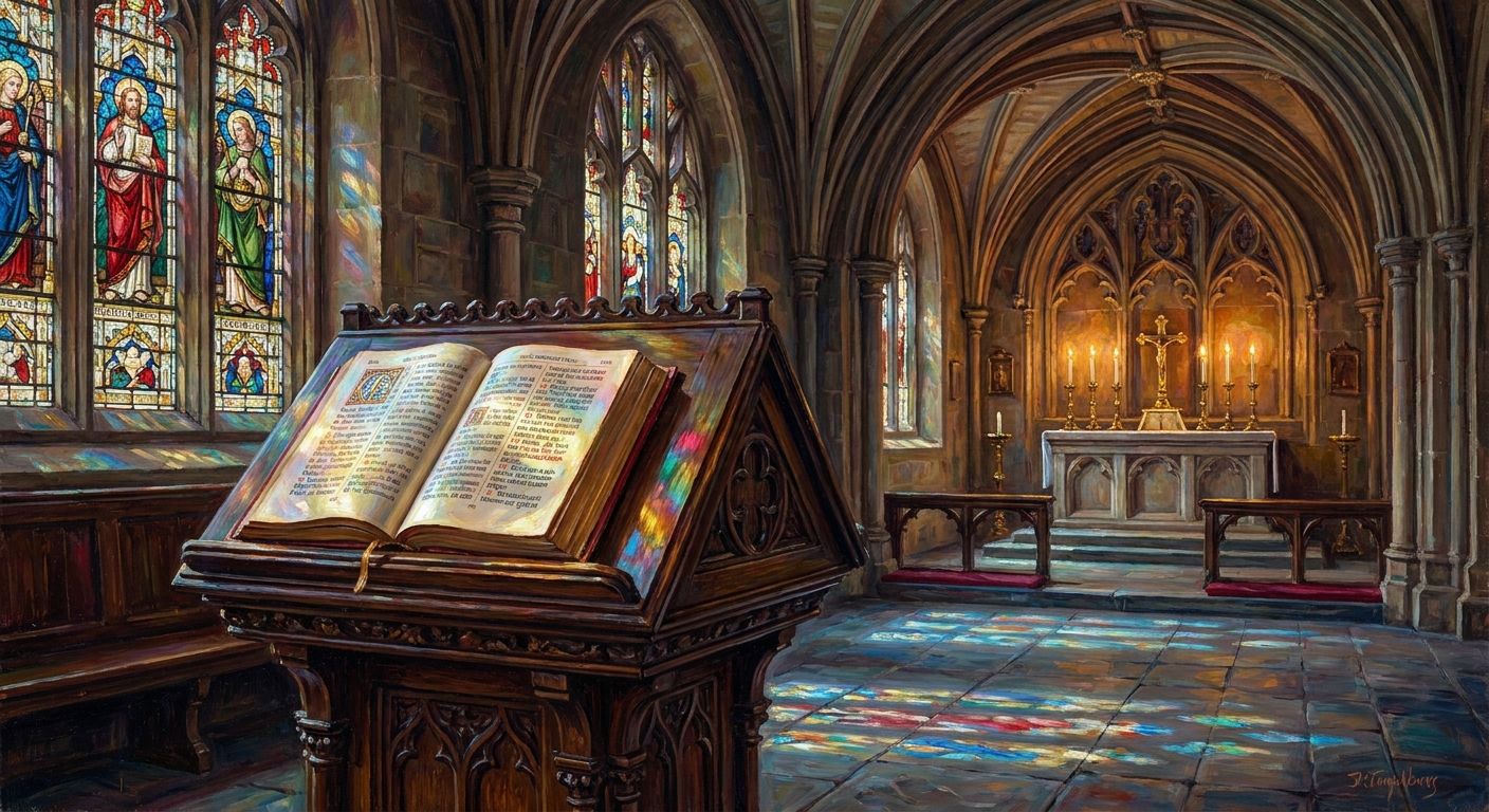 An open Bible on a wooden lectern inside a church, with stained glass windows casting colorful light and a candlelit altar.