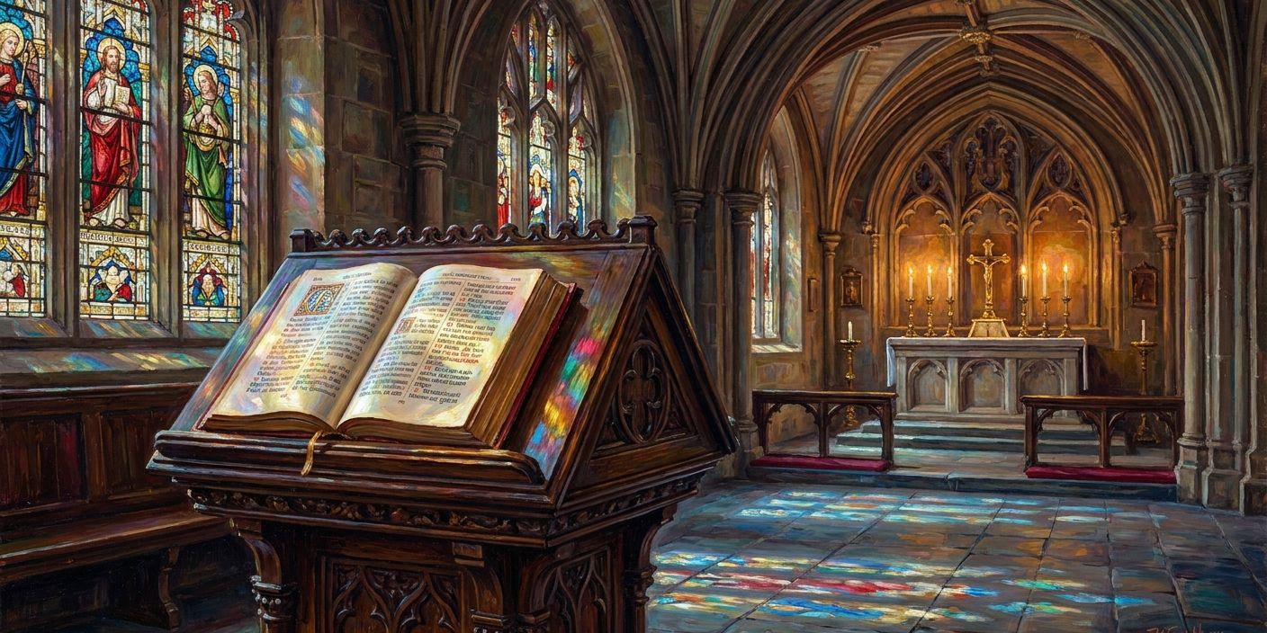 An open Bible on a wooden lectern inside a church, with stained glass windows casting colorful light and a candlelit altar.