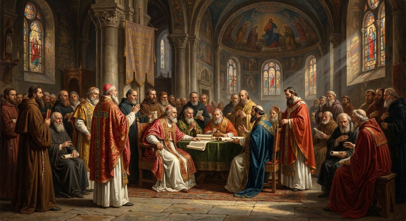 A painting of a religious council with many robed clergy gathered in a grand hall.