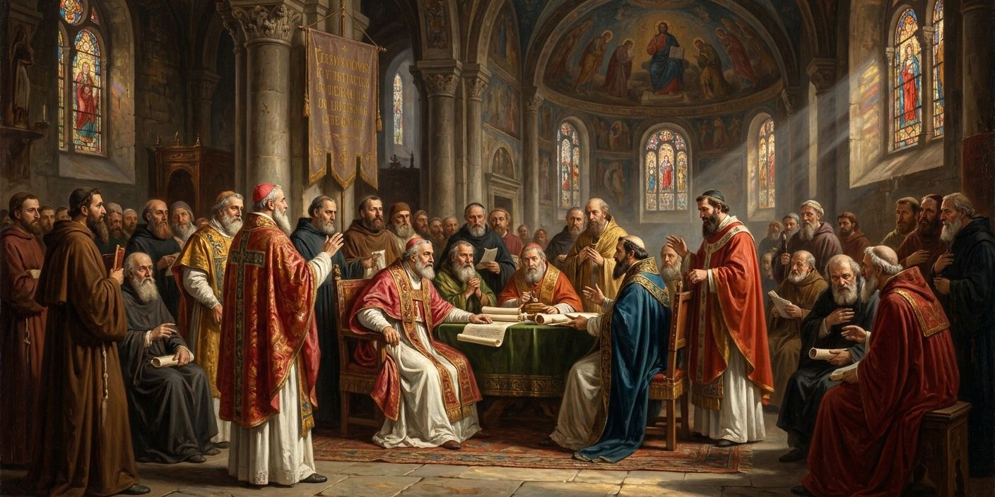 A painting of a religious council with many robed clergy gathered in a grand hall.