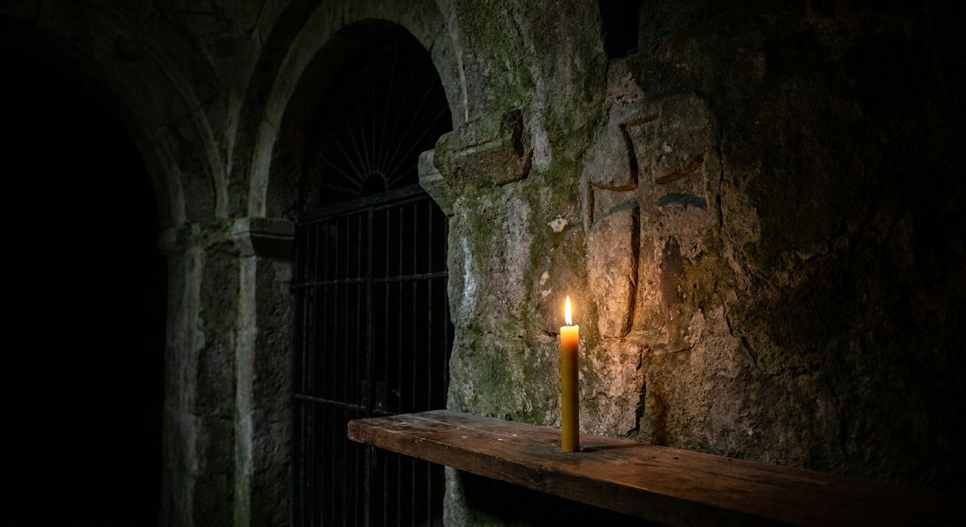 A candle burning in darkness with a cross behind it, representing the faith that persecuted Christians confess through the ancient creeds