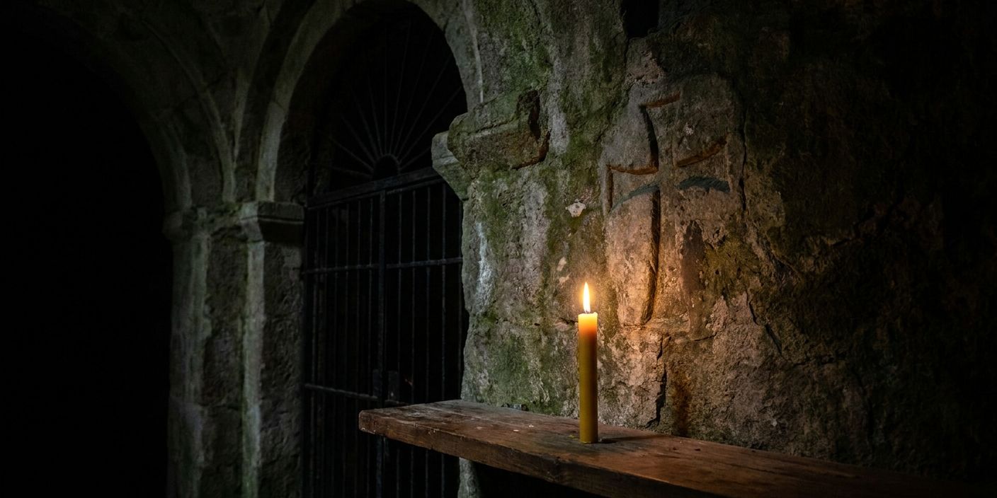 A candle burning in darkness with a cross behind it, representing the faith that persecuted Christians confess through the ancient creeds